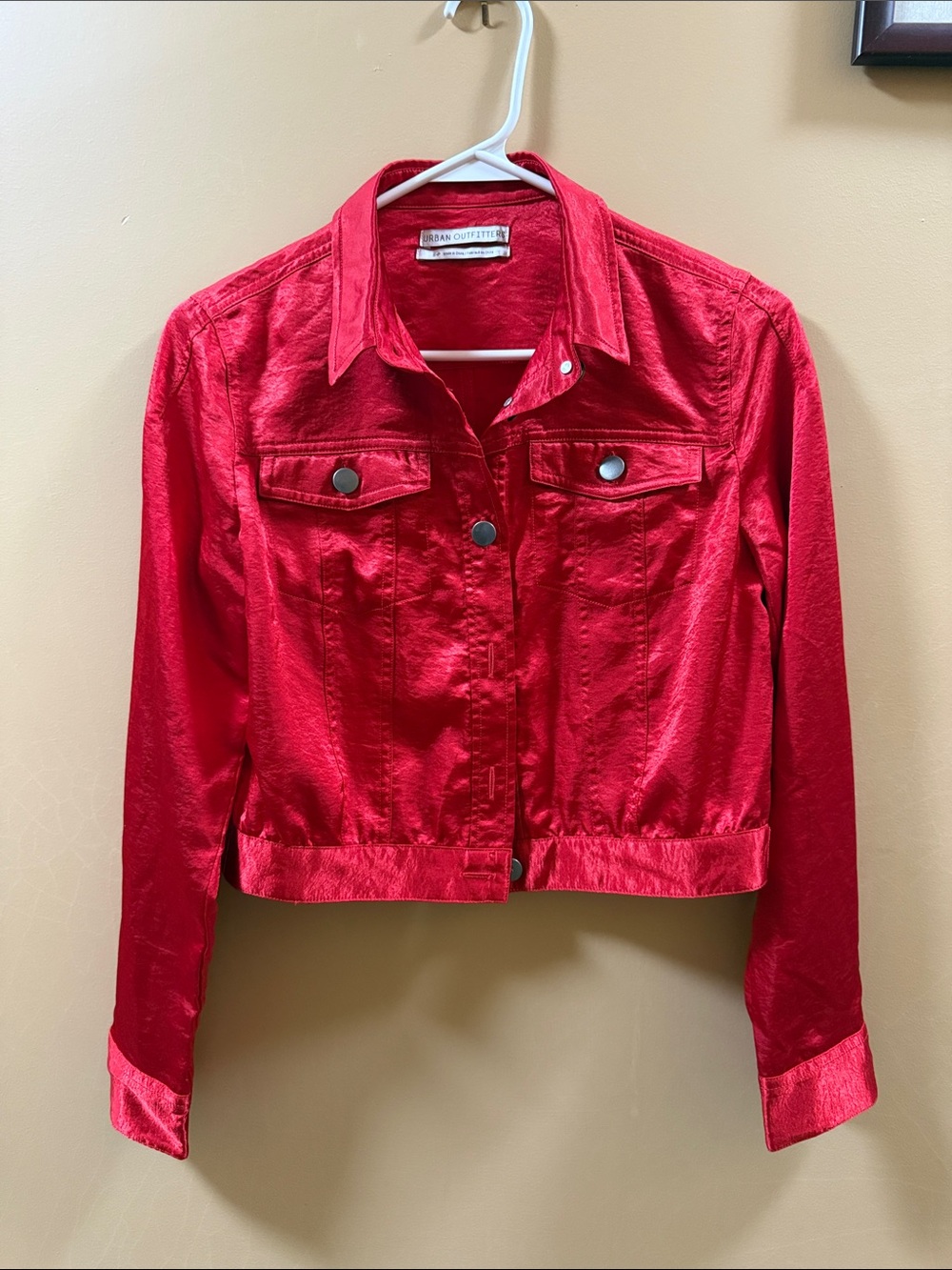 Urban Outfitters Bright Red Cropped Denim Jacket